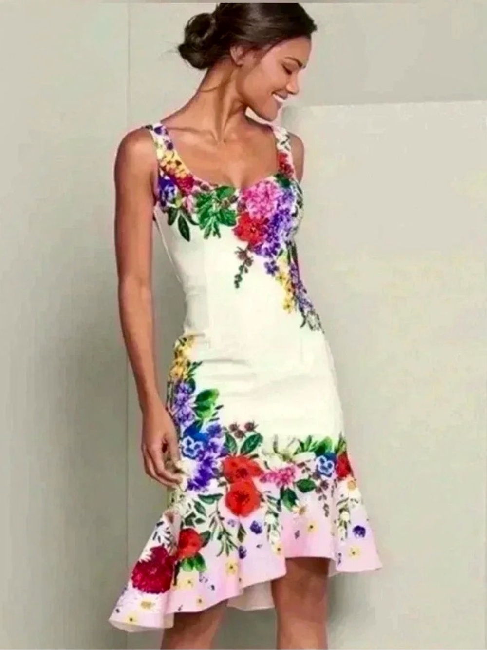 NWOT VENUS White Floral Beaded Midi Dress with Ruffle Trim